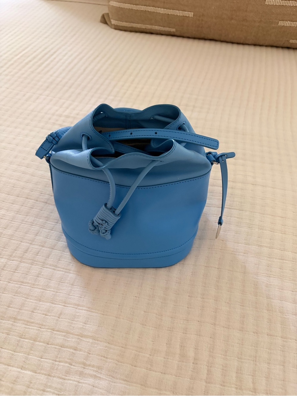 STAUD Agnes Paneled Leather Bucket Bag in Azure